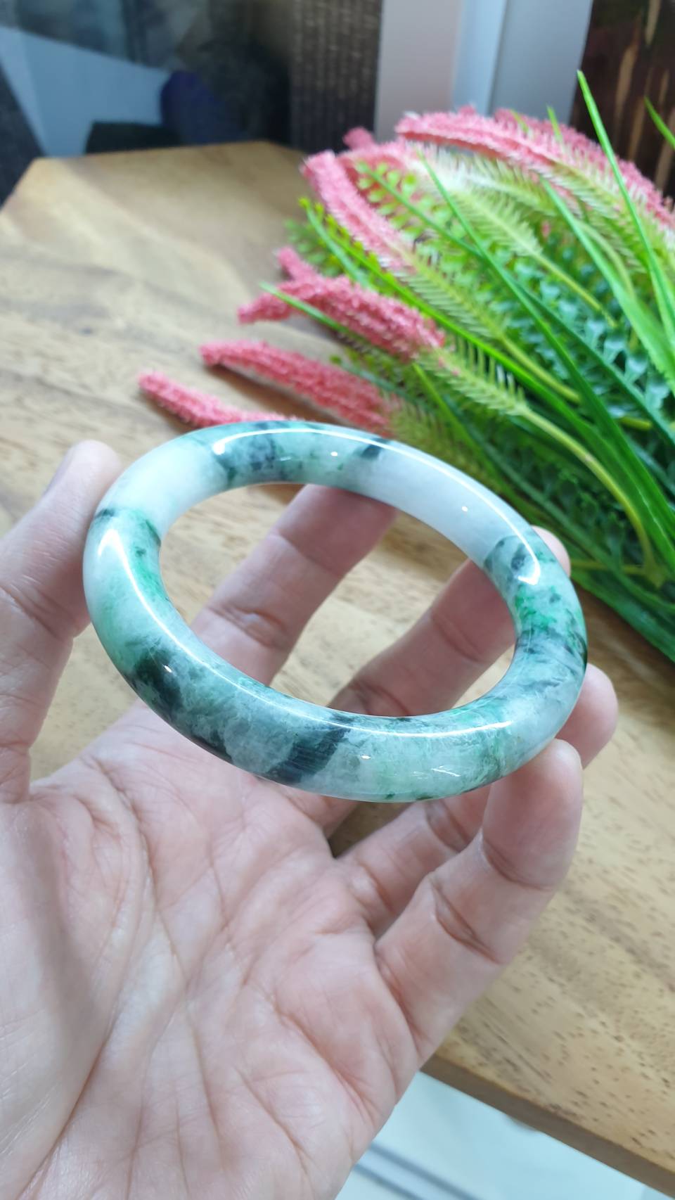 Jade Cylindrical Bangle S58 Marbled Green Fei Cui Type A Natural Jadeite