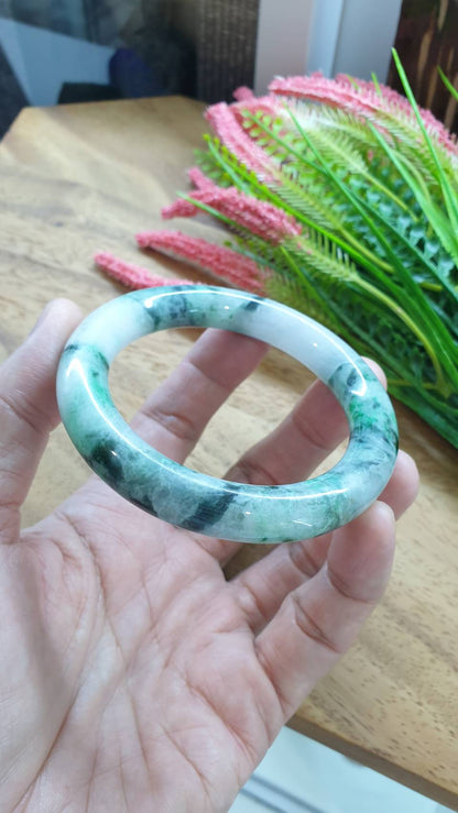 Jade Cylindrical Bangle S58 Marbled Green Fei Cui Type A Natural Jadeite