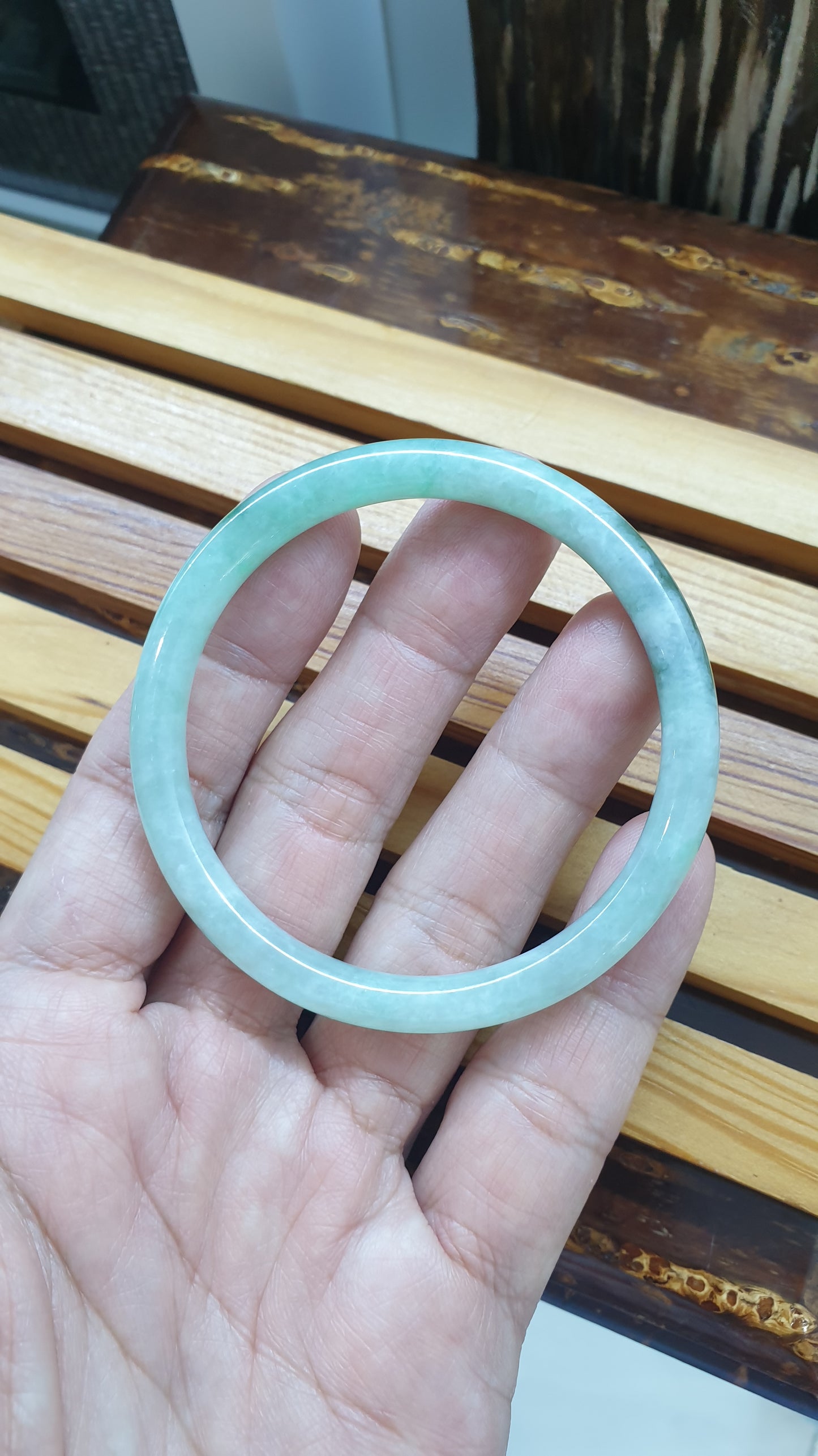 Jade Cylindrical Slim Bangle S56 Type A  Myanmar Jadeite Natural Light Green