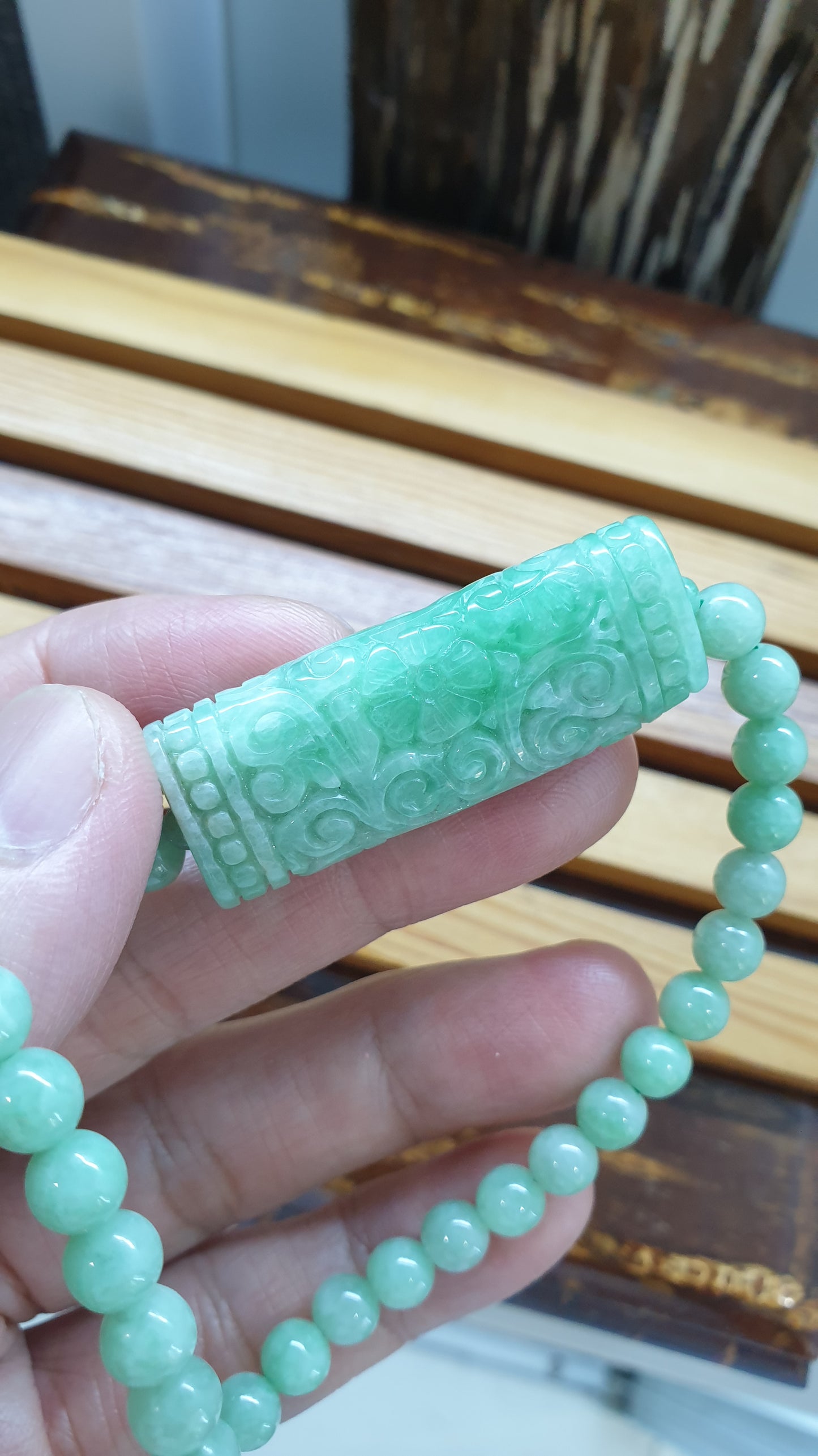 Jade Necklace 24inch with Floral Cylinder Type A Jadeite Natural Pastel Green