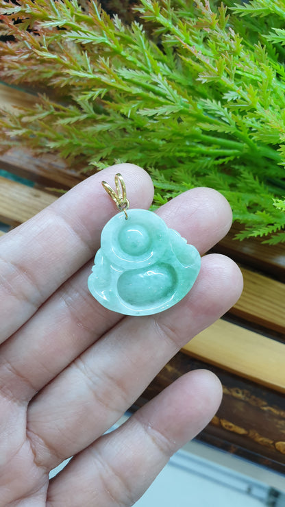 14K Solid Gold Jade Budai Prosperity Pendant Type A Natural Soft Green Jadeite