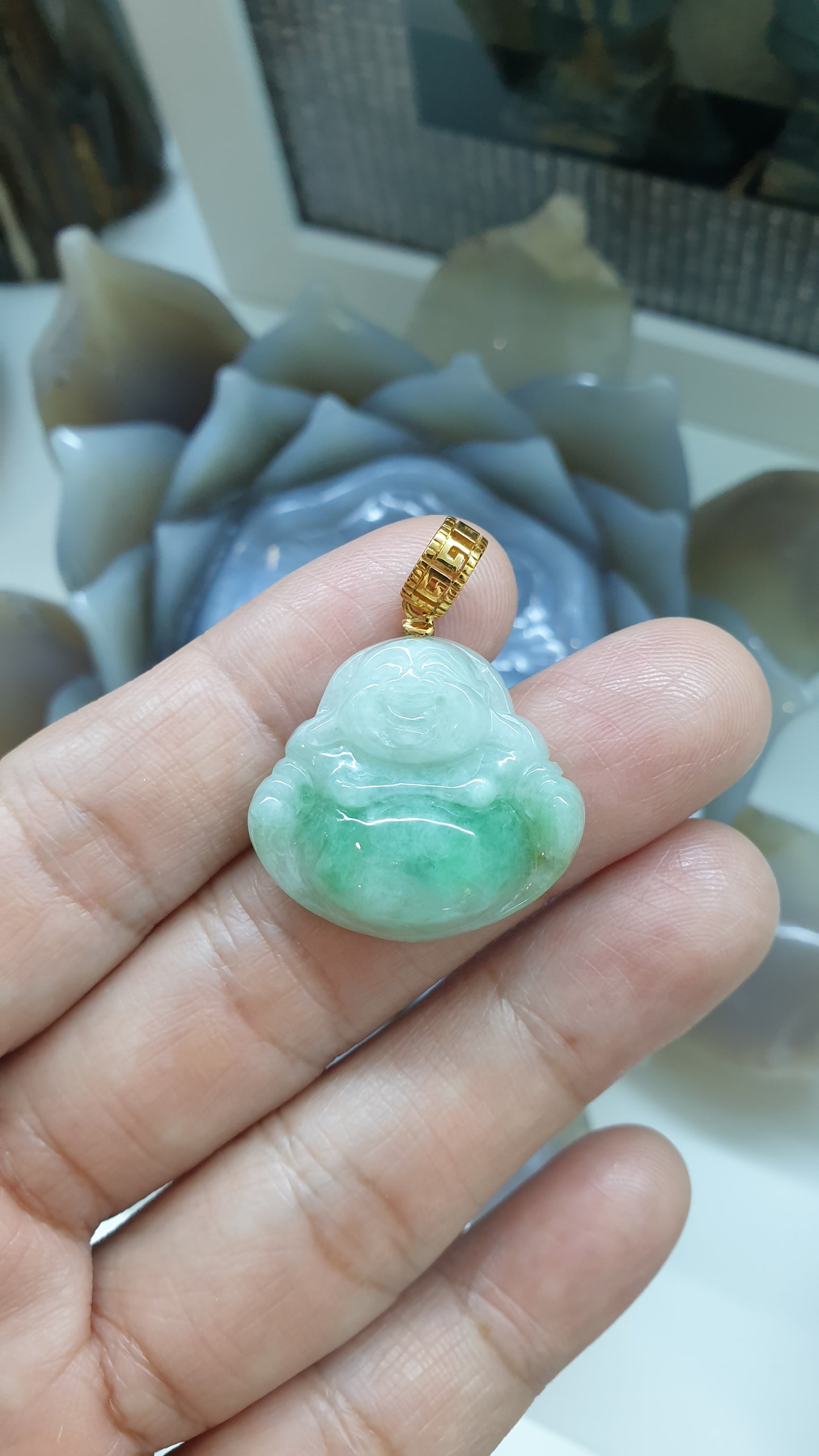 Moss in Snow Jade Happy Buddha Pendant | Solid 18K Gold | Wealth & Fortune Jewelry