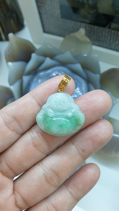 Moss in Snow Jade Happy Buddha Pendant | Solid 18K Gold | Wealth & Fortune Jewelry