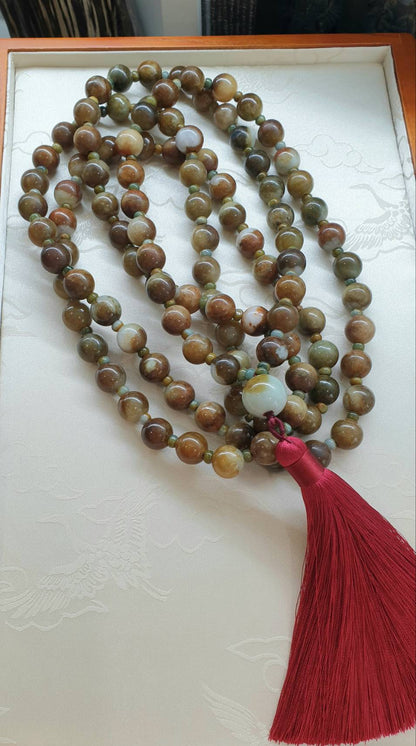 108 Beads Japa Mala Brown Jadeite 13.5mm Type A Natural Meditation Necklace