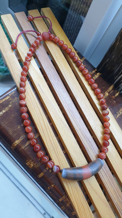 Sardonyx Dzi Necklace 18 inch Natural Red-Banded Gemstone Beads