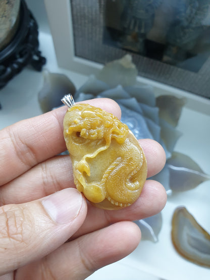 Vintage Honey Jade Dragon Pendant | Type A Natural Jadeite | Authentic Sterling Silver