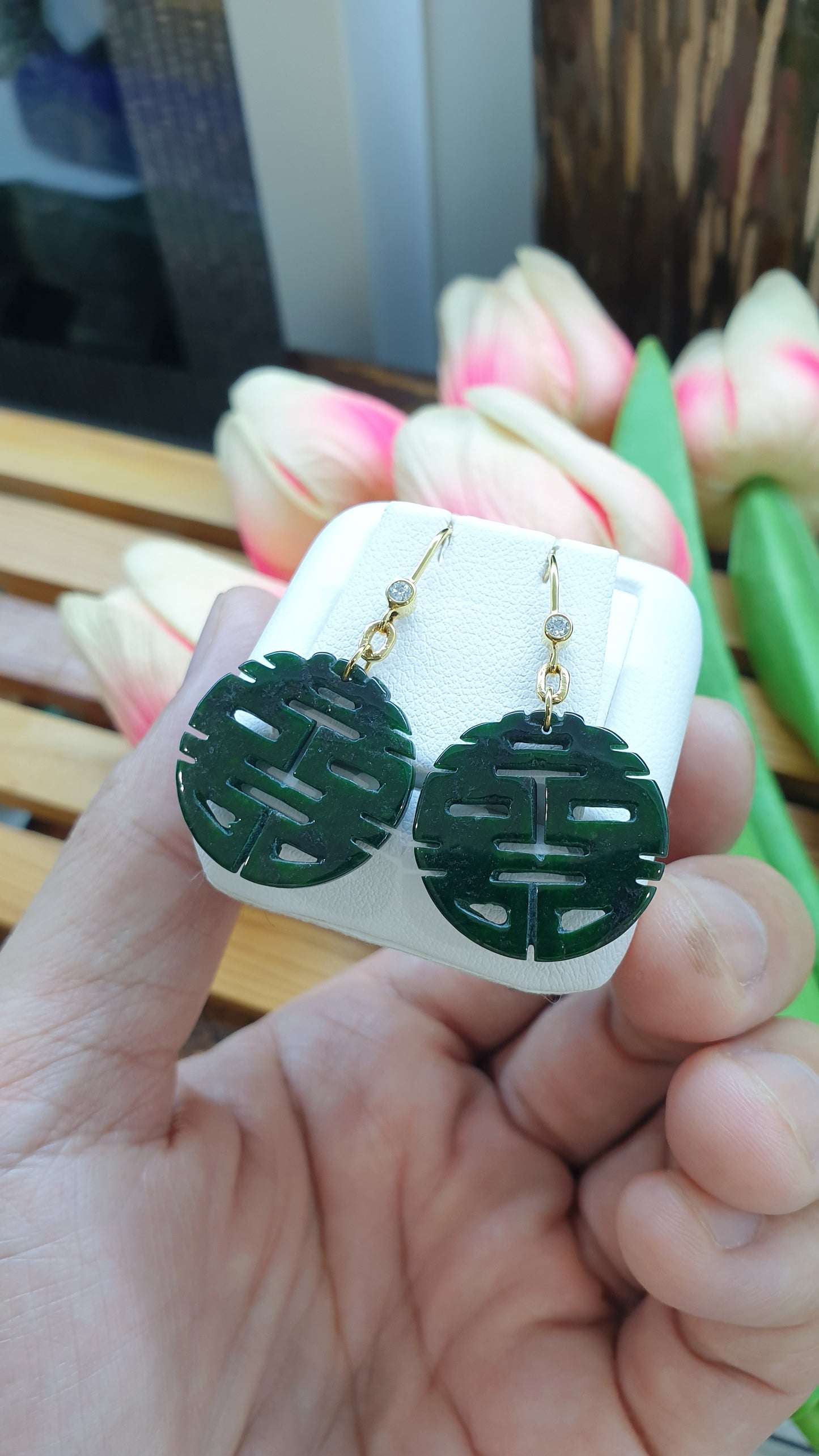 18K Gold Jade Double Happiness Hook Earrings Fei Cui Natural Jadeite