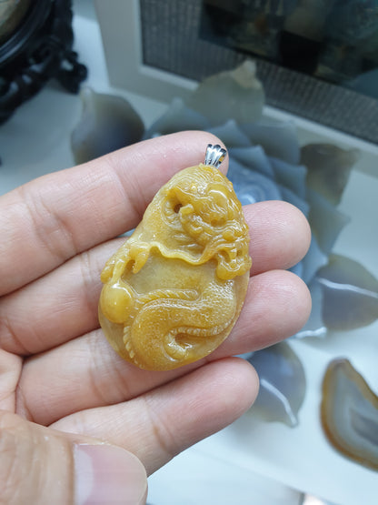 Vintage Honey Jade Dragon Pendant | Type A Natural Jadeite | Authentic Sterling Silver