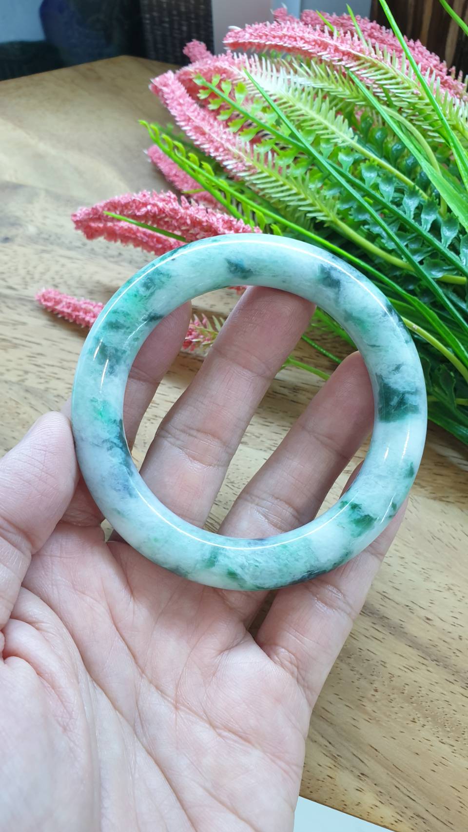Jade Cylindrical Bangle S57.5 Marbled Green Fei Cui Type A Natural Jadeite