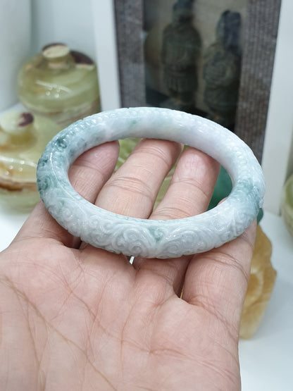 Carved Jade Floral Bangle S56 Cylindrical Type A Moss in Snow Jadeite