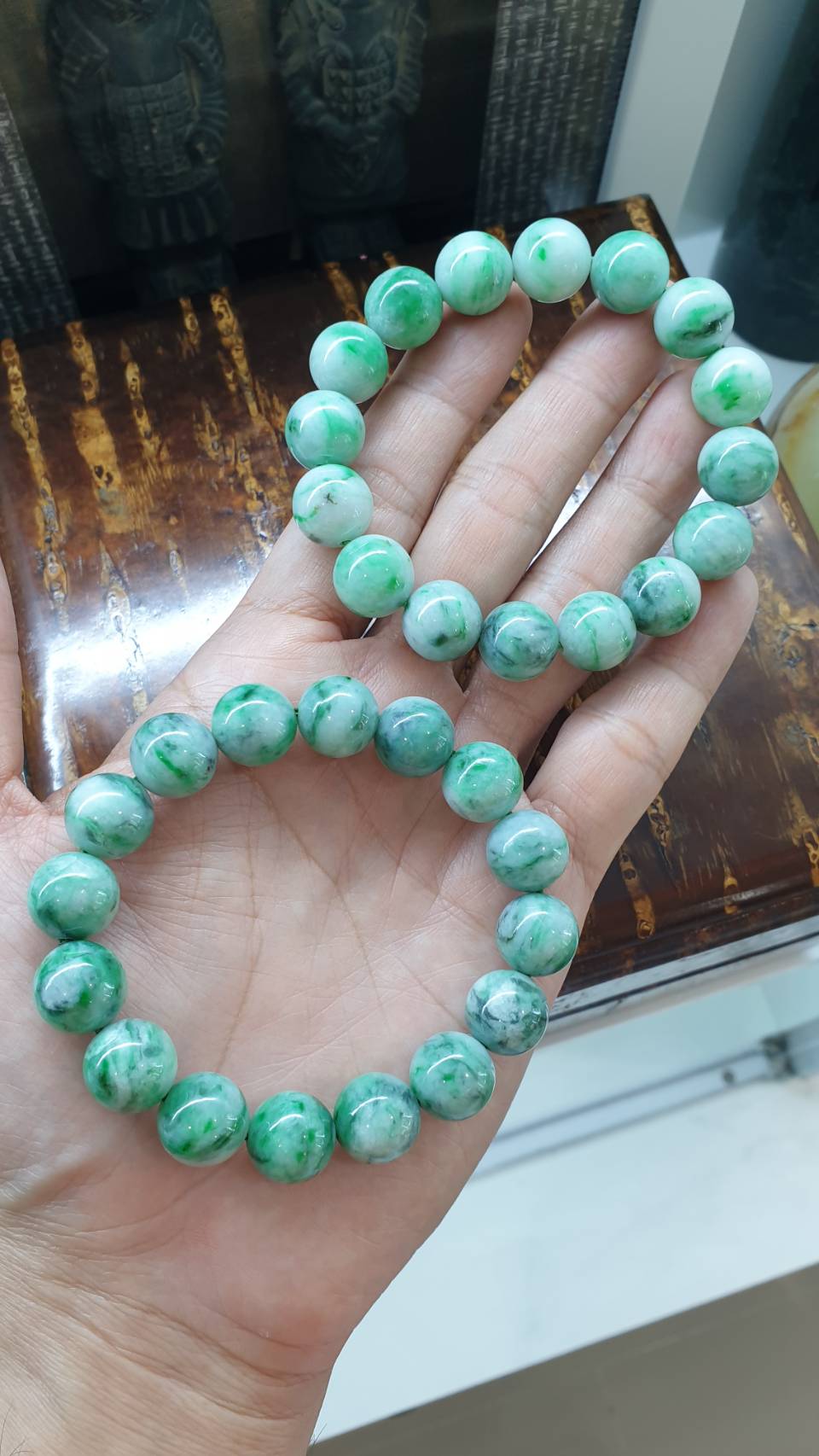 Jade Bracelets 17cm Marbled Green Type Jadeite 13mm Beads
