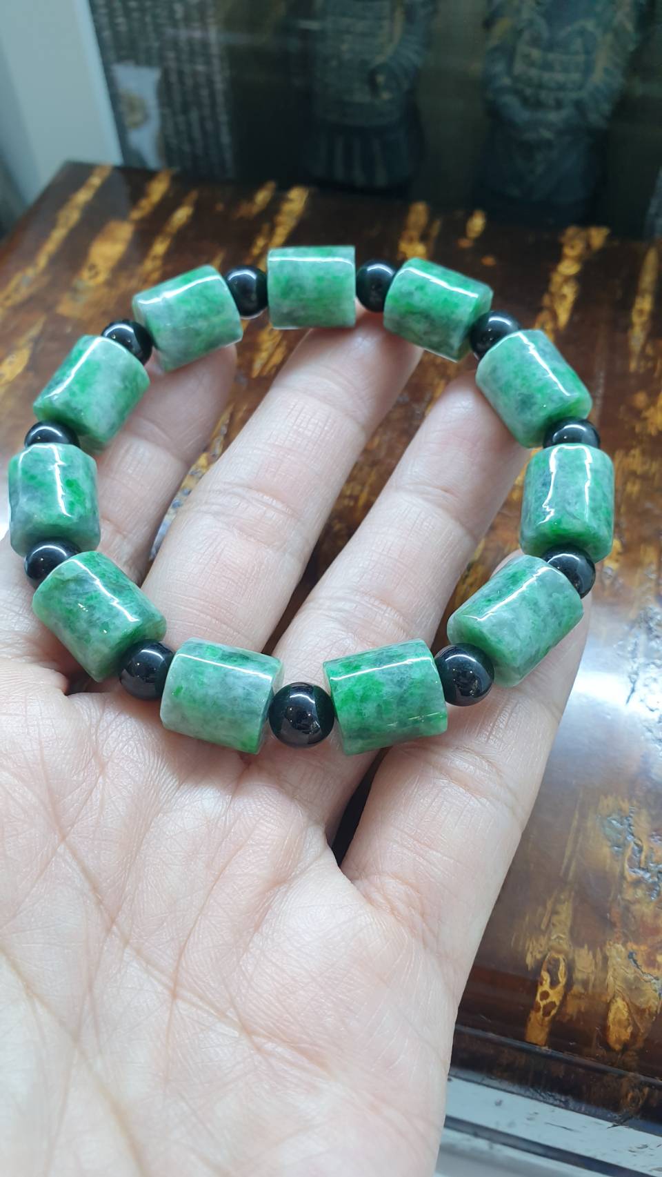 Jade Cylinder Beads Bracelets (18 cm) | Mottled Green, Type A Natural Jadeite | His or Hers Wrist Accessories