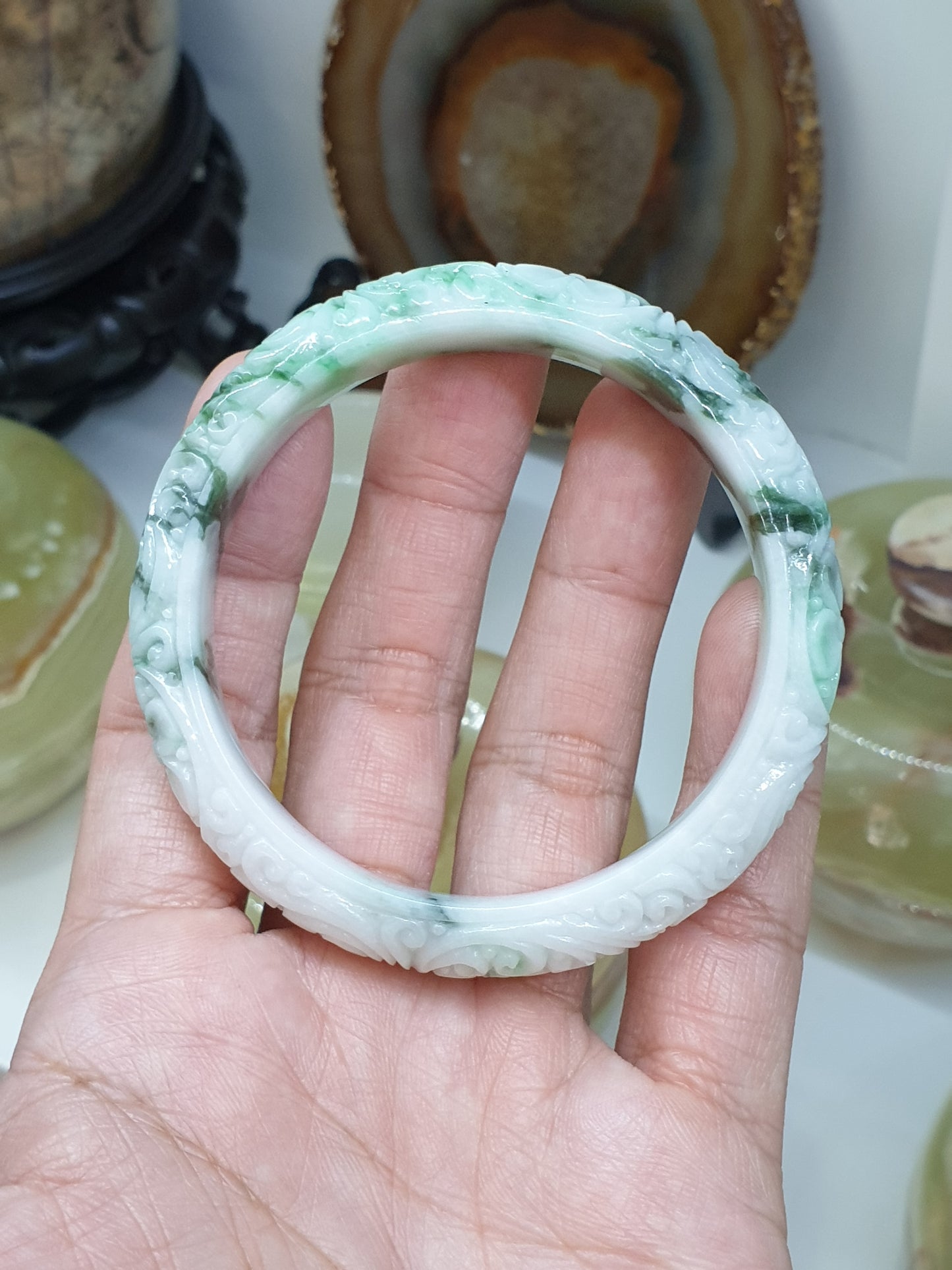 Carved Jade Floral Bangle S58.5 Type A Burma Jadeite Natural Moss in Snow