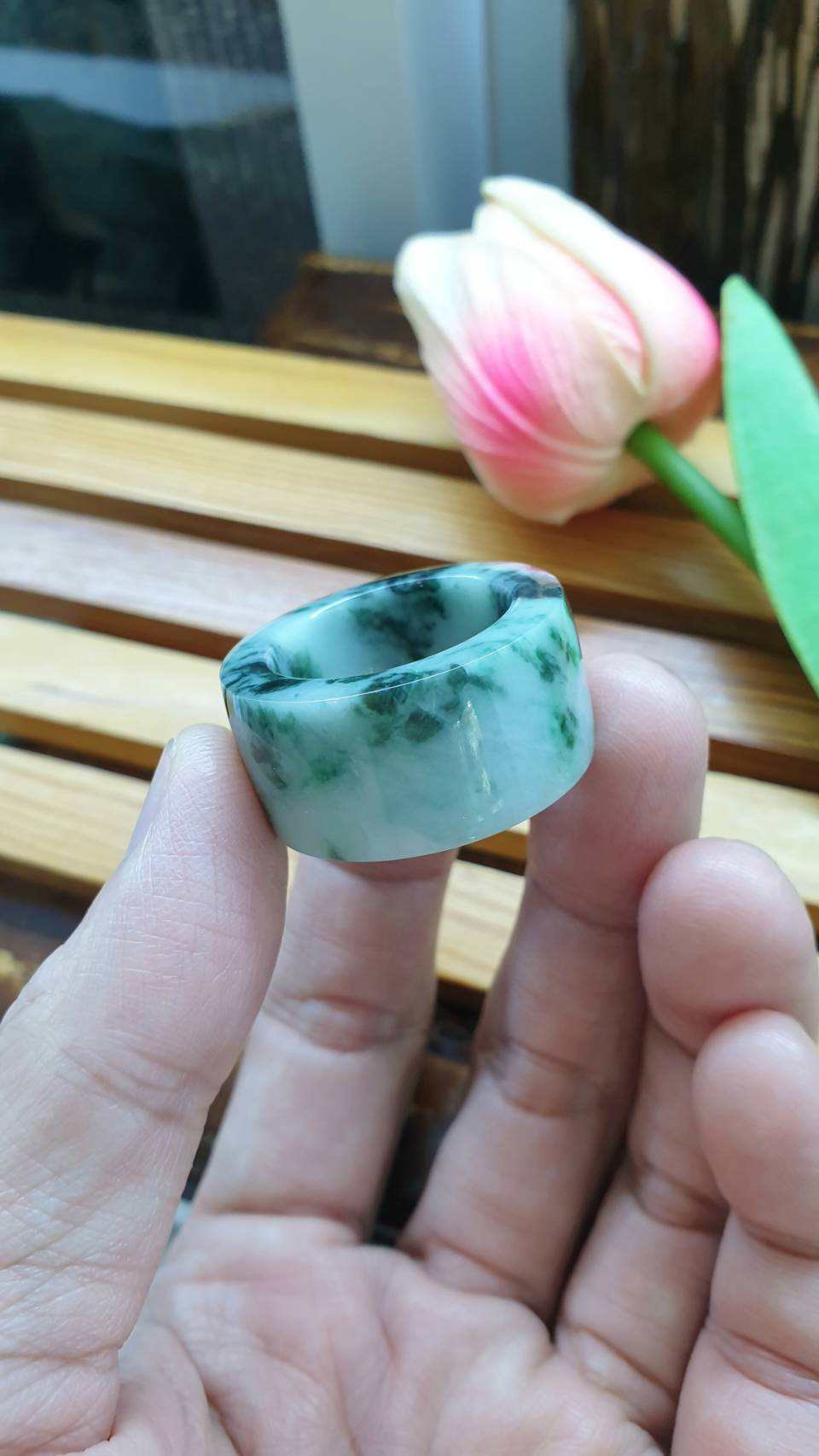 Jade Archer's Ring 11.75 US Type A Natural Jadeite Marbled Green
