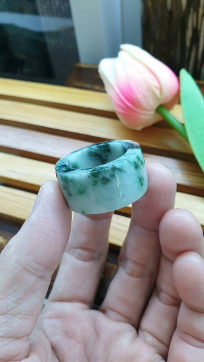 Jade Archer's Ring 11.75 US Type A Natural Jadeite Marbled Green