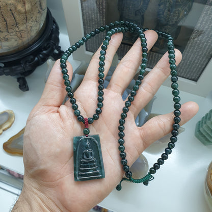 Blue Jade Buddha Beaded Necklace (27") | Fei Cui Type A Jadeite