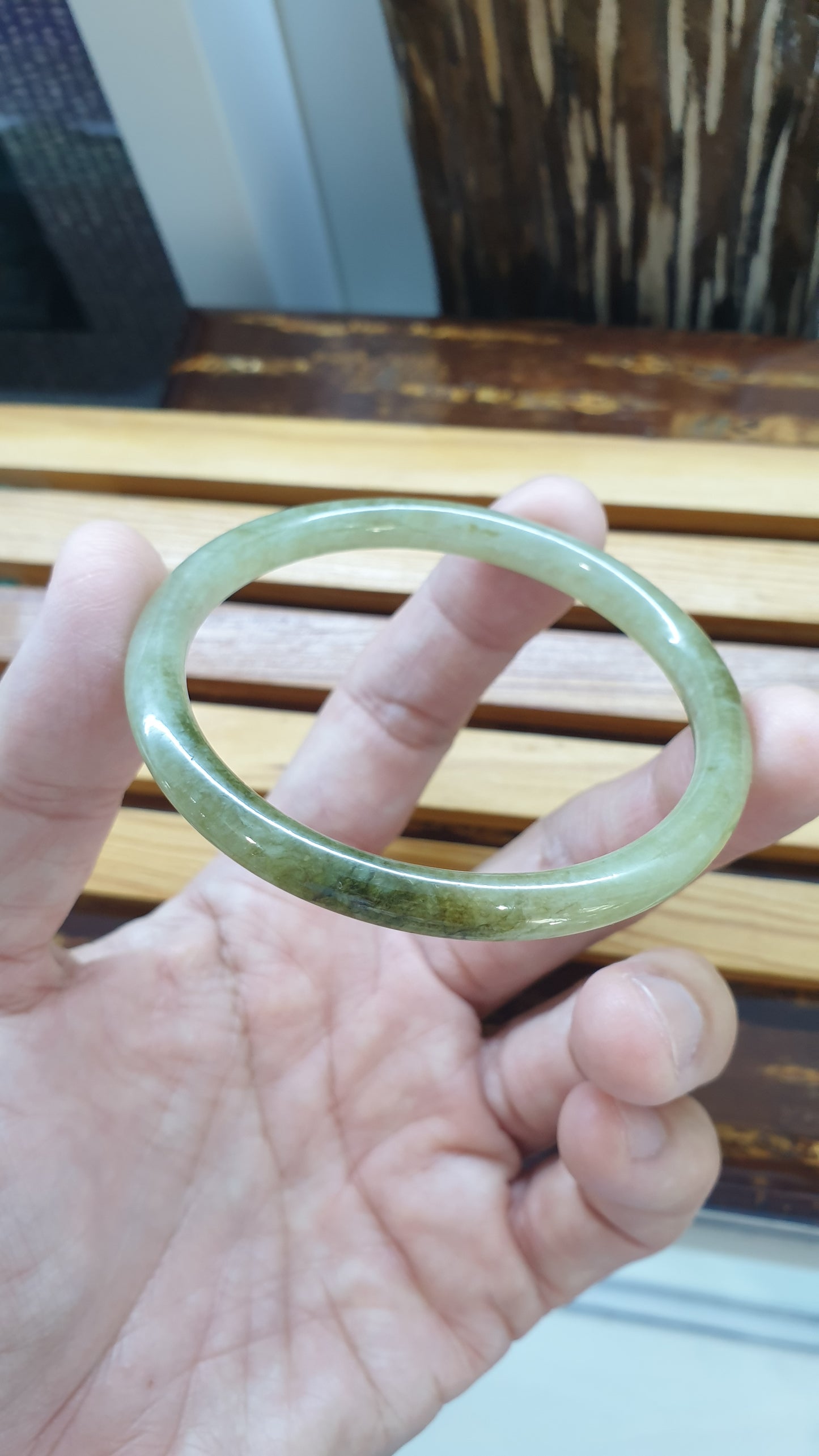 Honey Jade Cylindrical Slim Bangle S58.5 Type A Myanmar Jadeite Gray Smokes