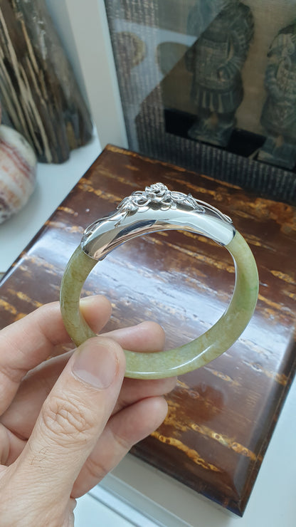 Une Rose Honey Jade Bangle (S 57 - 58) | Fei Cui Type A Jadeite & Sterling Silver | Statement Wrist Accessory