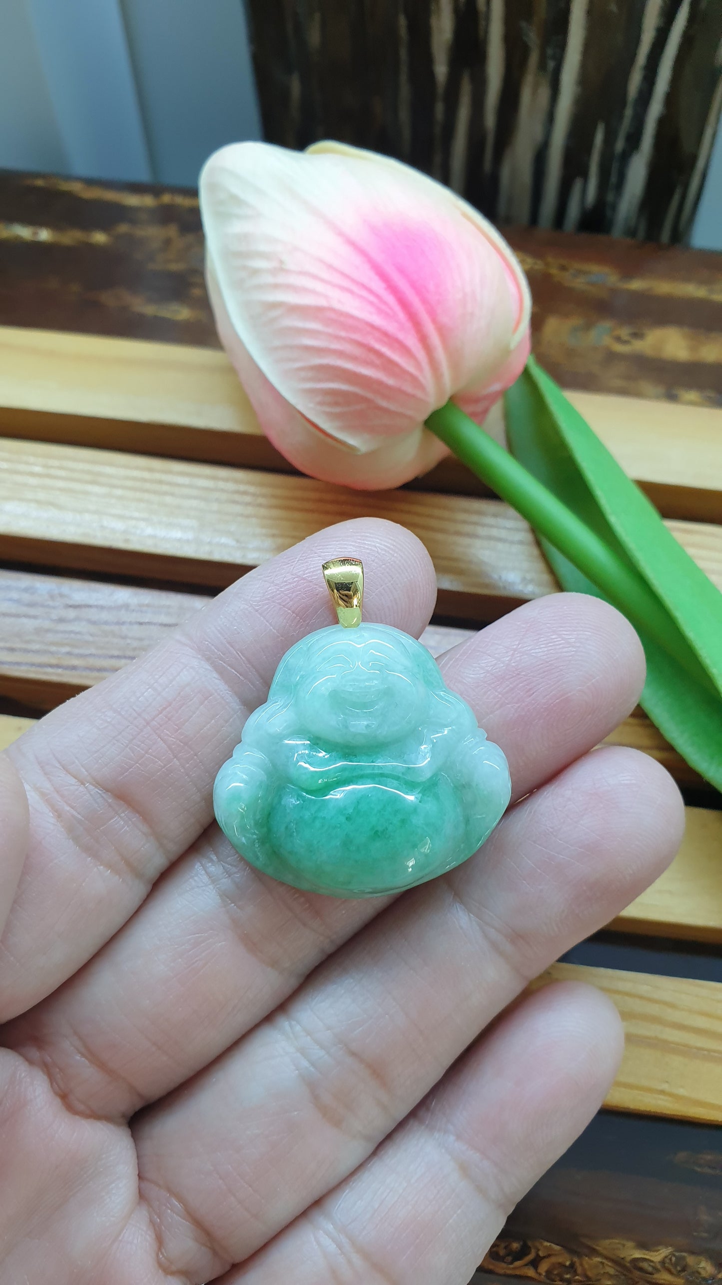 Jade Happy Buddha Pendants 9K Gold Fei Cui Type A Myanmar Jadeite