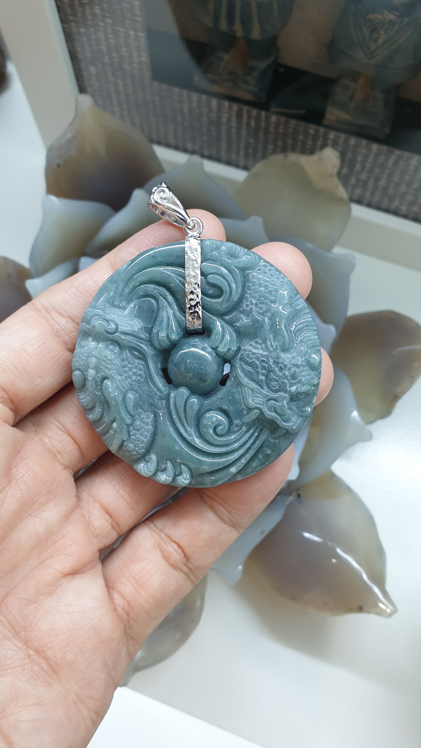 Fire-Breathing Dragon Pendant | Fei Cui - Natural Blue Jadeite | Authentic Sterling Silver
