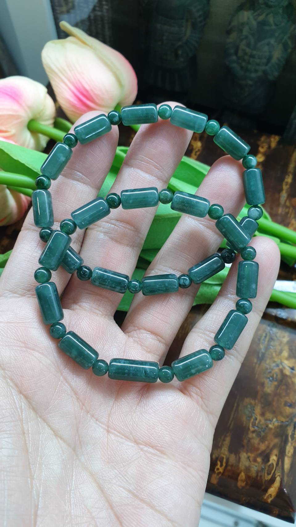 Jade Cylinder Beads Bracelet (16 cm - 17 cm) | Type A Natural Blue-Green Jadeite | His or Hers Wrist Accessory