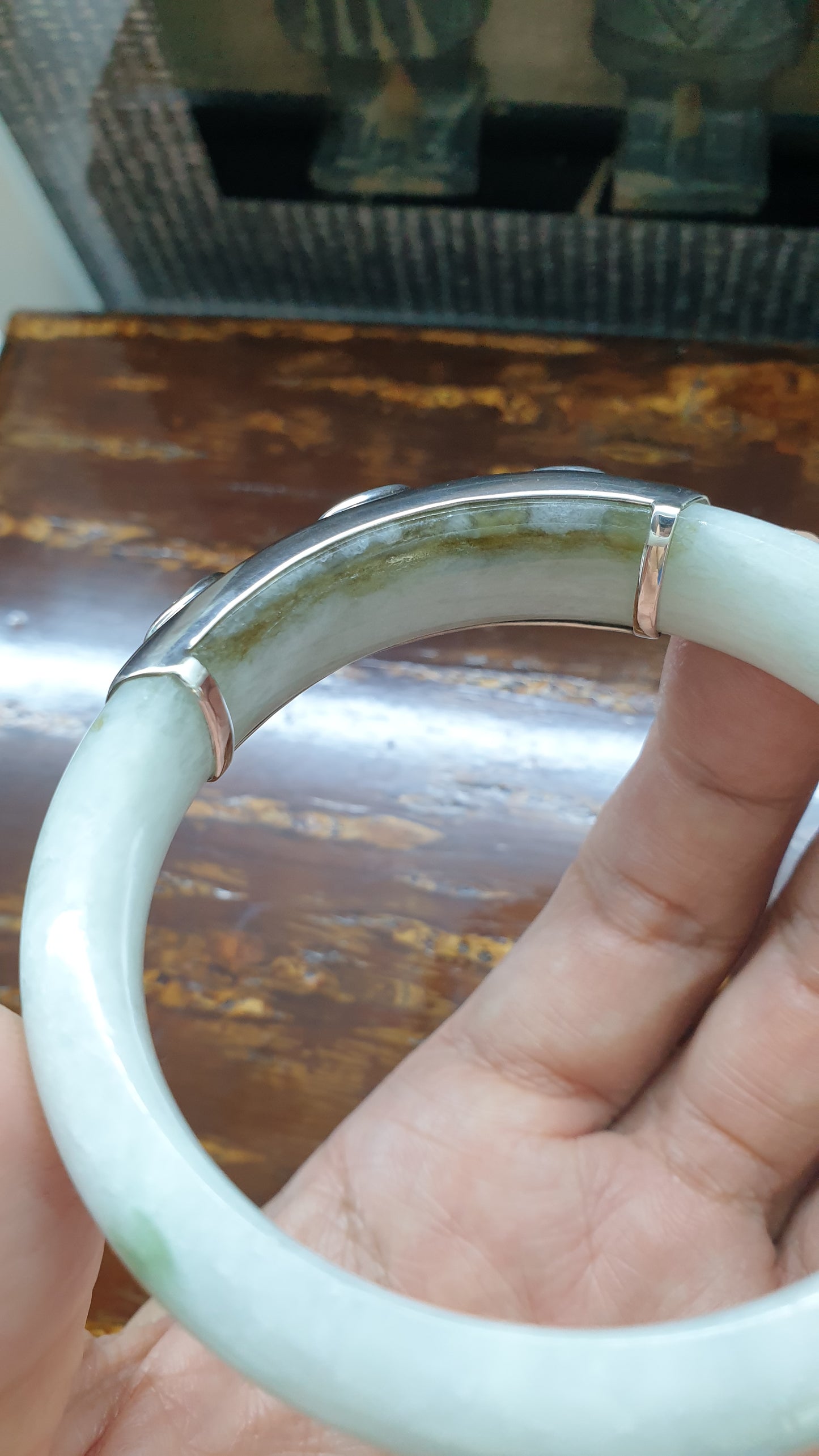 Yin Yang Jade Bangle (S 56 - 57) | Fei Cui Type A Jadeite & Sterling Silver | Statement Wrist Accessory