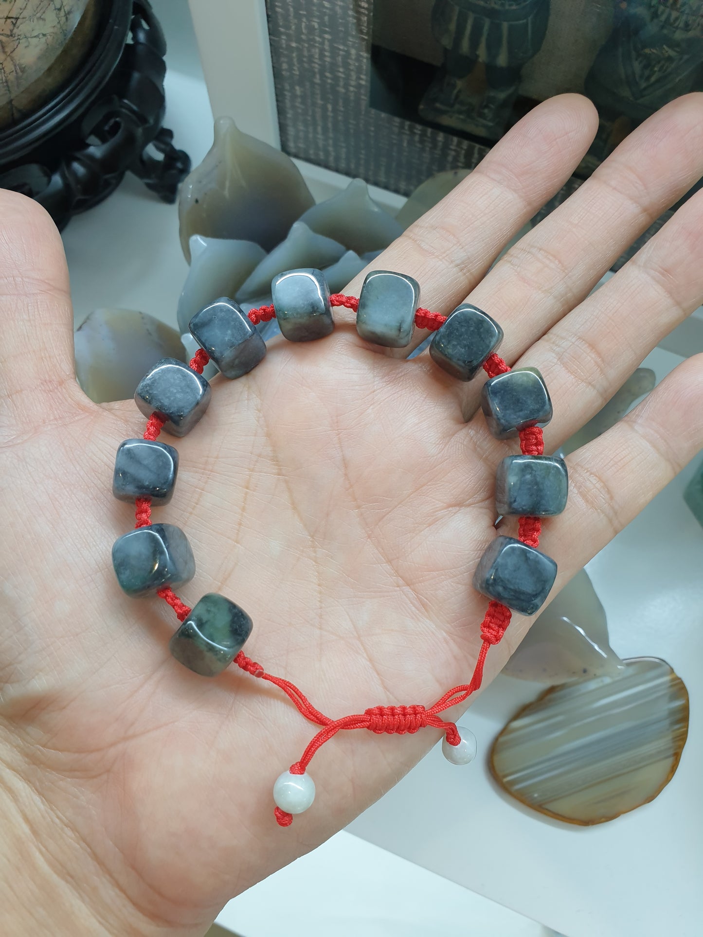 Black Jade Cubes Red Thread Bracelet (Adjustable) | Type A - Natural Jade