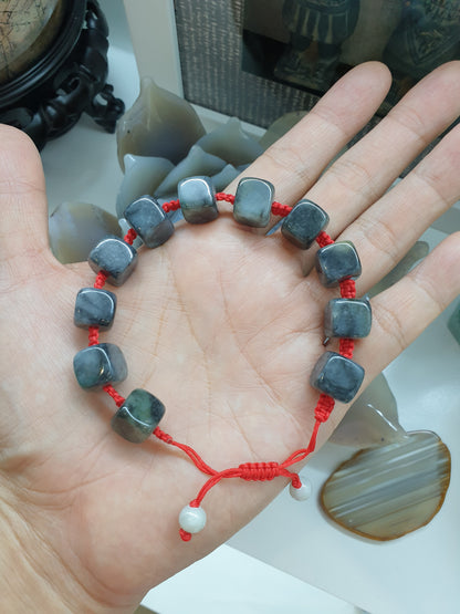 Black Jade Cubes Red Thread Bracelet (Adjustable) | Type A - Natural Jade