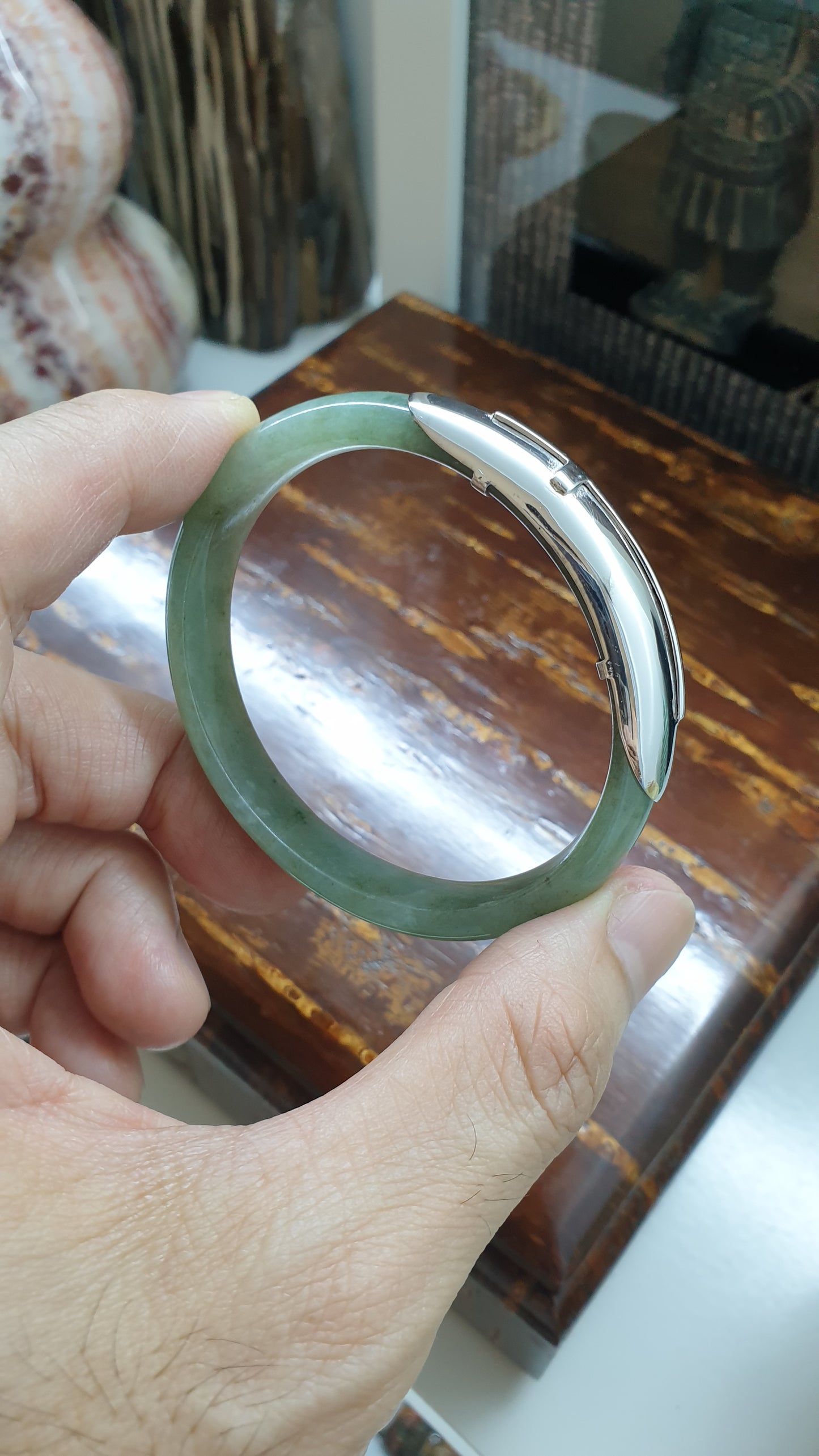 Elegant Cross on Jade Bangle (S 54) | Fei Cui Type A Jadeite & Sterling Silver | Statement Wrist Accessory