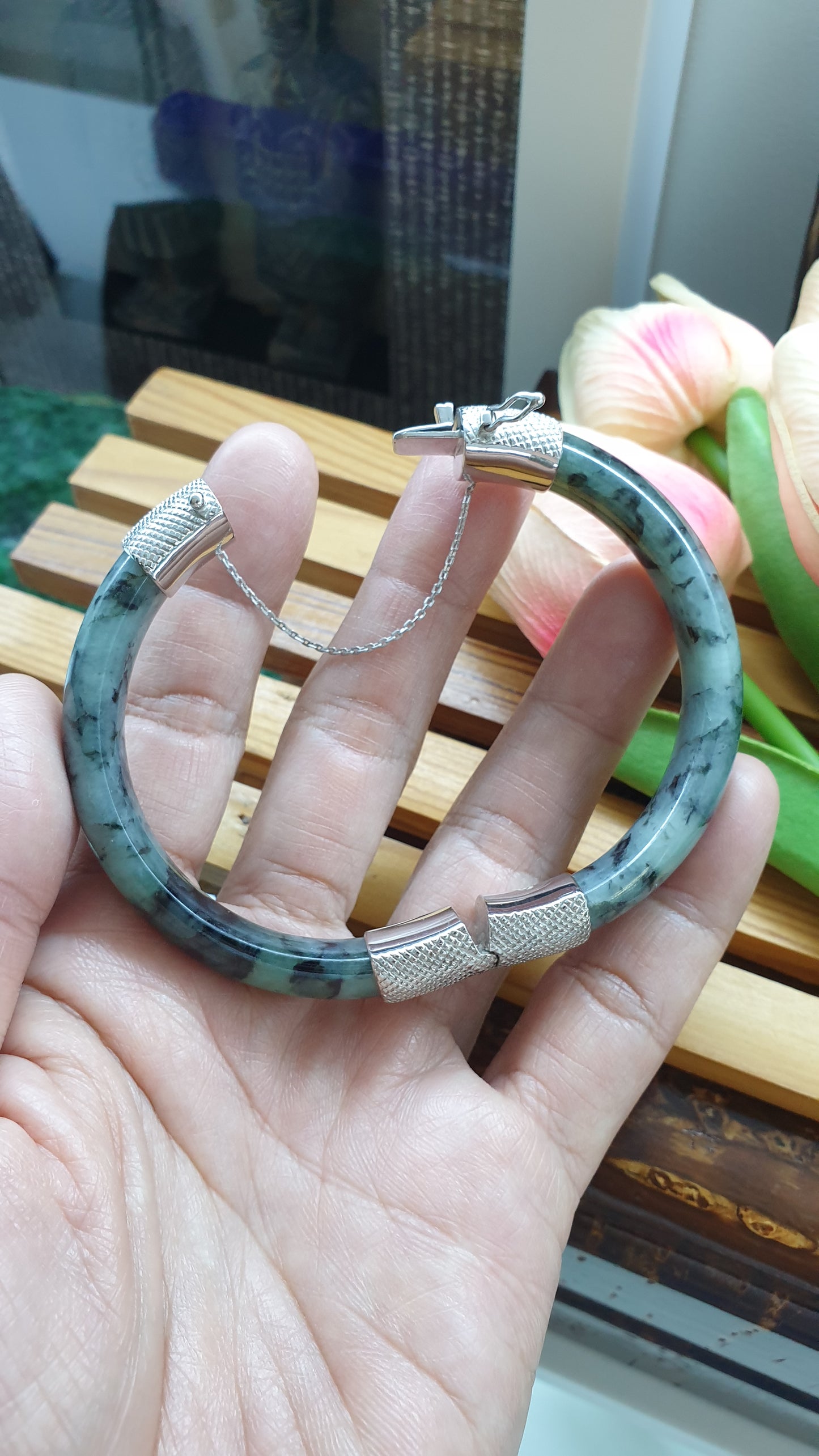 Jade Split Bangle S57 Type A Natural Blue Jadeite Sterling Silver Designer Locks