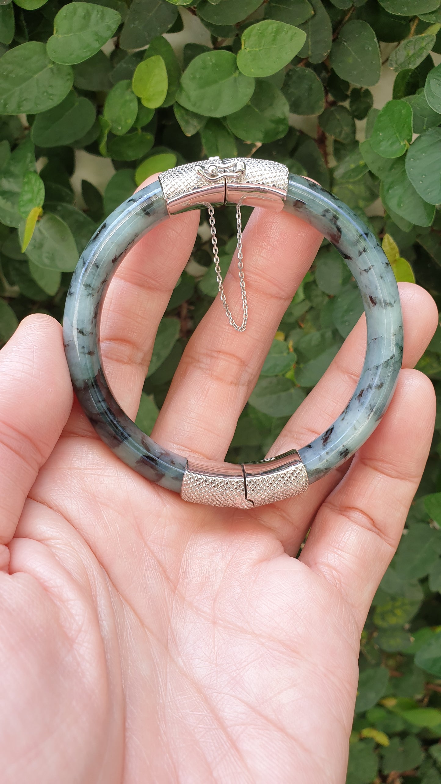 Jade Split Bangle S57 Type A Natural Blue Jadeite Sterling Silver Designer Locks