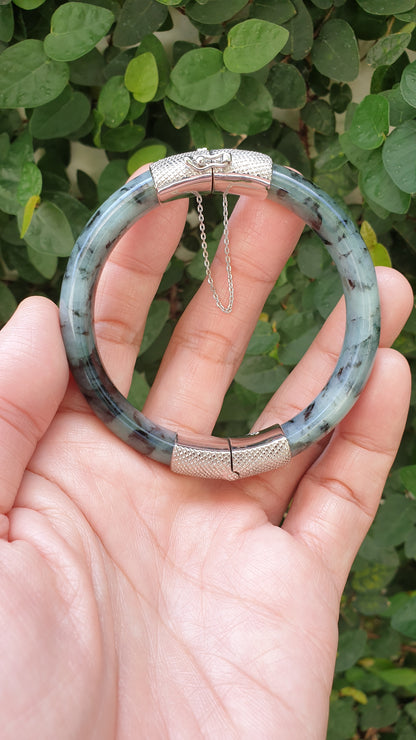 Jade Split Bangle S57 Type A Natural Blue Jadeite Sterling Silver Designer Locks