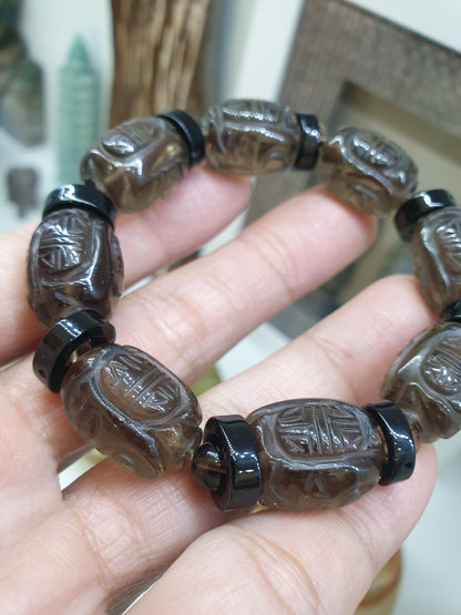 Smoky Quartz Wealth Bracelet with Black Onyx Rings, 16 cm. Natural Gemstone Etched Beads