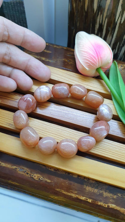 Sunstone Pebbles Bracelet 17cm, Natural Sparkling Orange Gemstone Beads