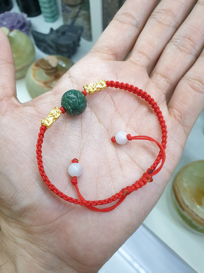 Jade Ru Yi & Gold Pixiu on Red Thread Bracelet (Adjustable) | Pure 24K Gold | Fei Cui - Type A Jadeite
