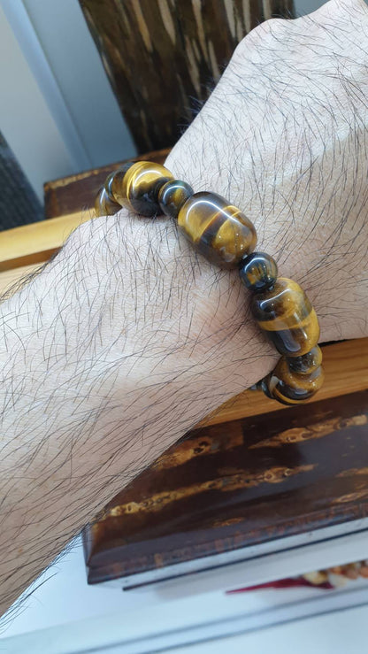 Tiger Eye Bracelets with Lobter Locks, 18 cm - Natural Stone Cylinder Beads