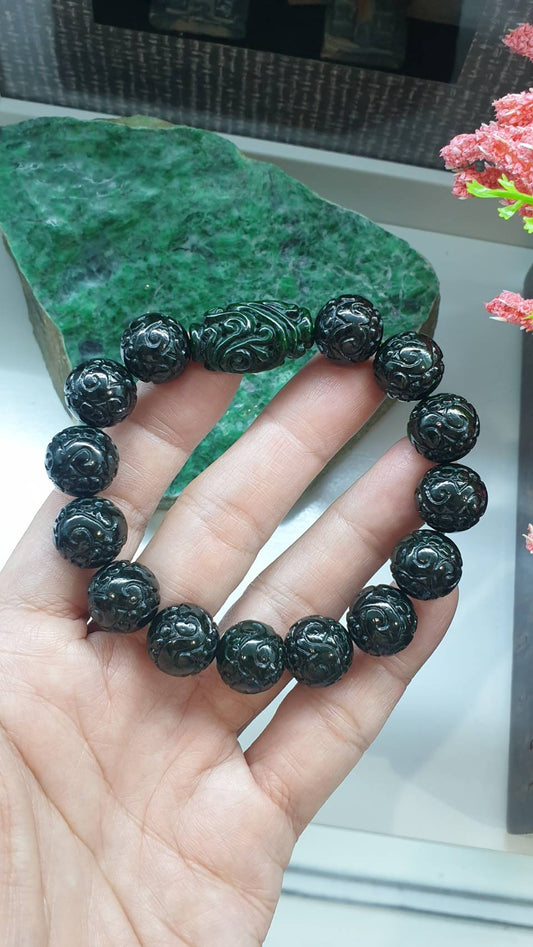Black Green Jade Ru Yi Bracelet 17cm Fei Cui Type A Natural Myanmar Jadeite Vintage Beads