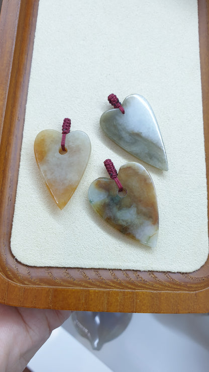 Natural Type A Jadeite Heart Boho Pendant with Handwoven Thread Bail