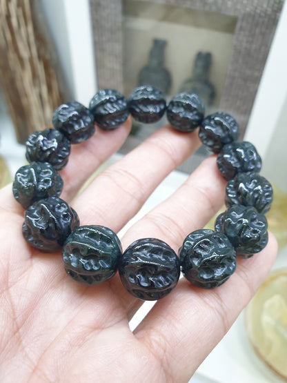 Type A Natural Black Jadeite Bodhi Bead Bracelet 17cm - Hand-Carved