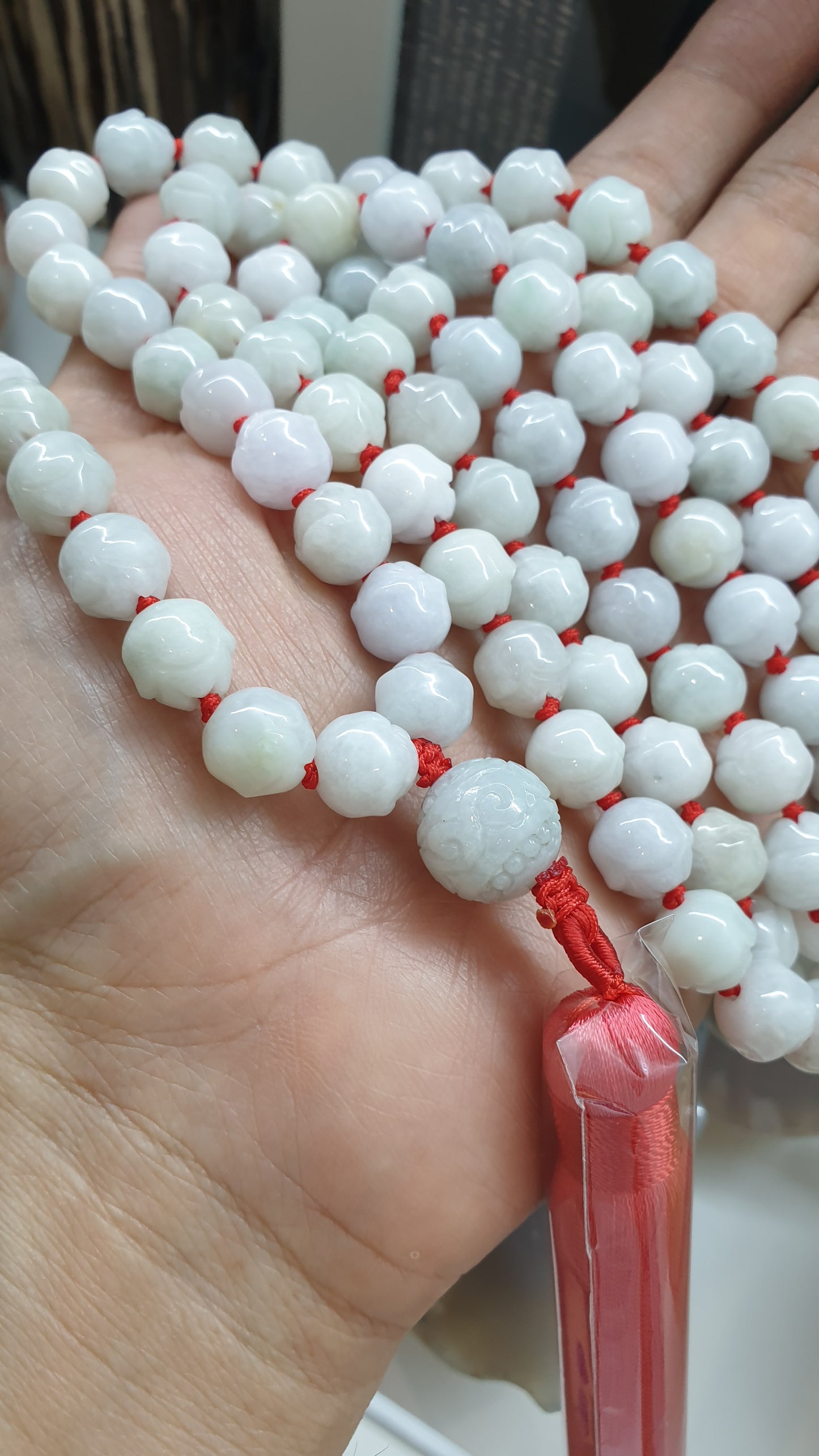 108 Beads Japa Mala - White Jade Lotus  Beads | Type A Natural Jadeite | Handcrafted Meditation Beads
