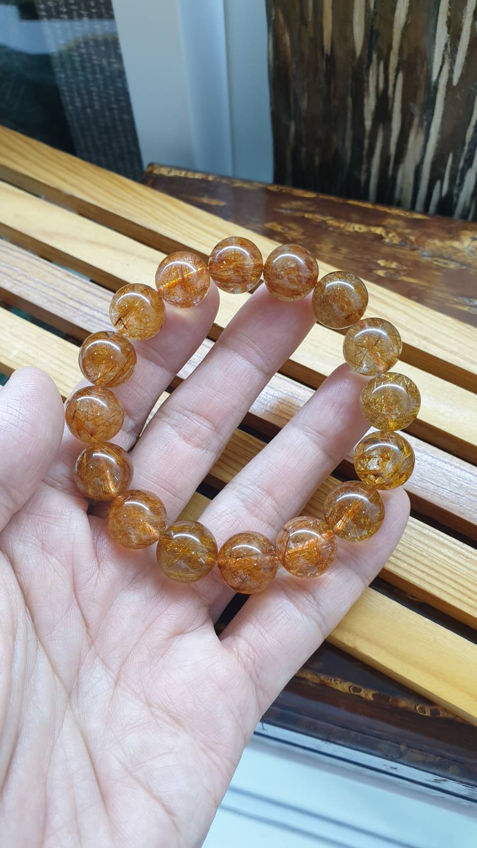 Red Rutilated Quartz Bracelet 17.5 cm - Natural Gemstone 13.5 mm Beads