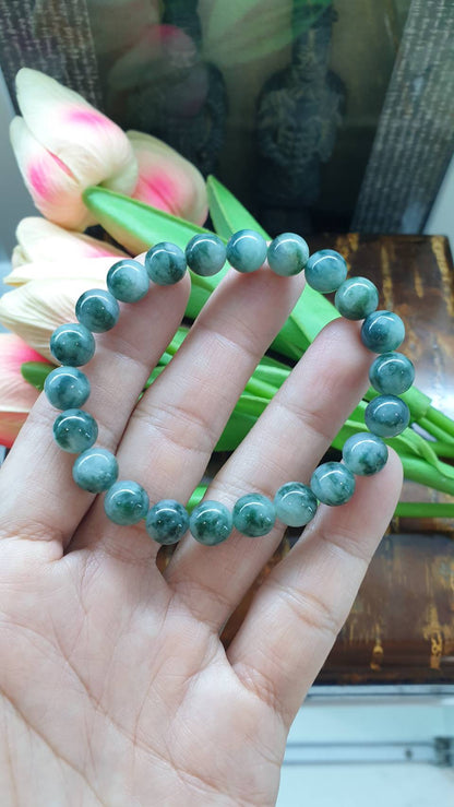 Premium Type A Natural Green-Marbled Jadeite 17cm Bracelet  Stretch Fit
