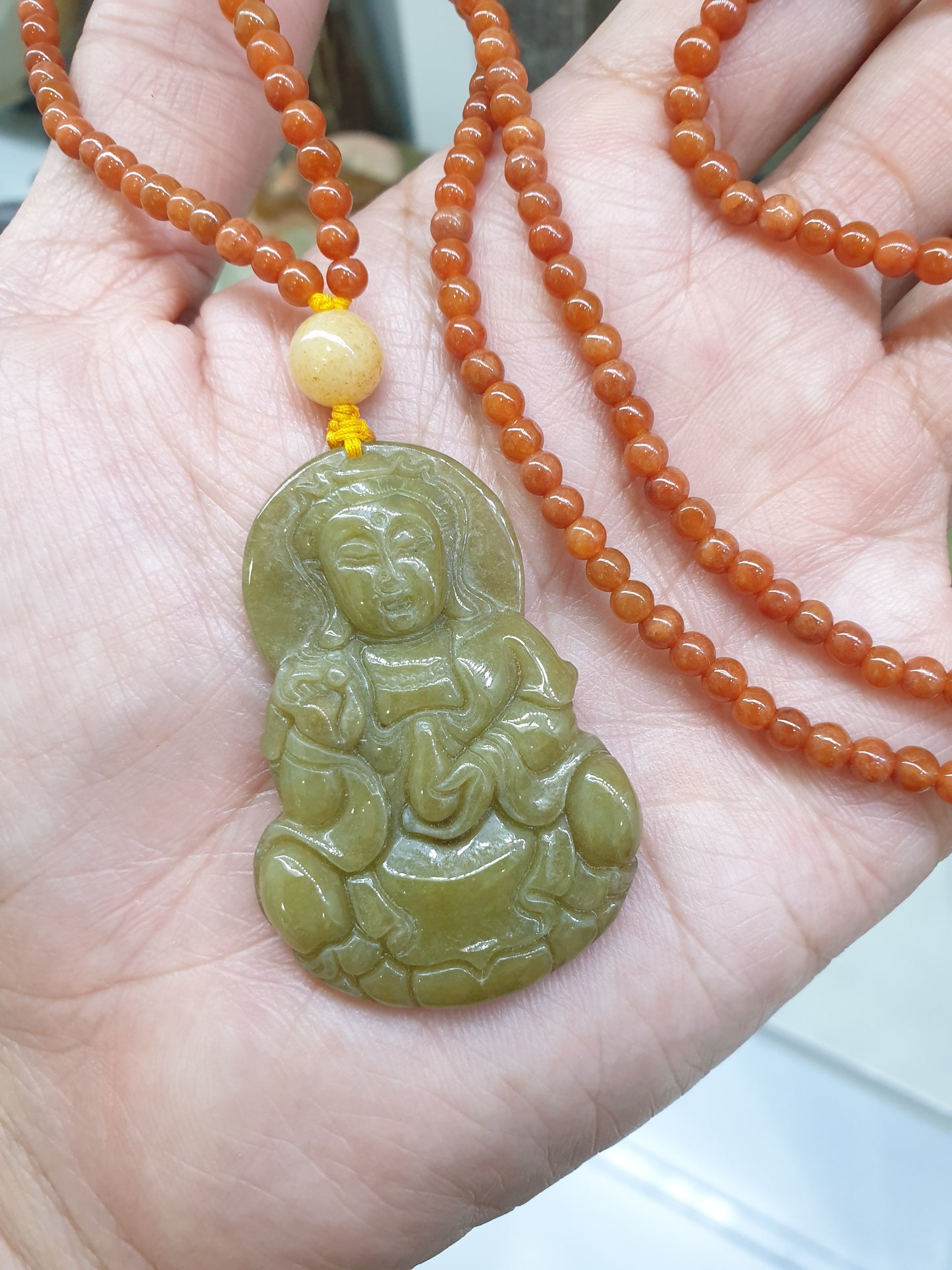 Jade Guan Yin on Red Jade beaded Necklace (24") | Fei Cui Type A Jadeite | His or Hers Fortune Necklace