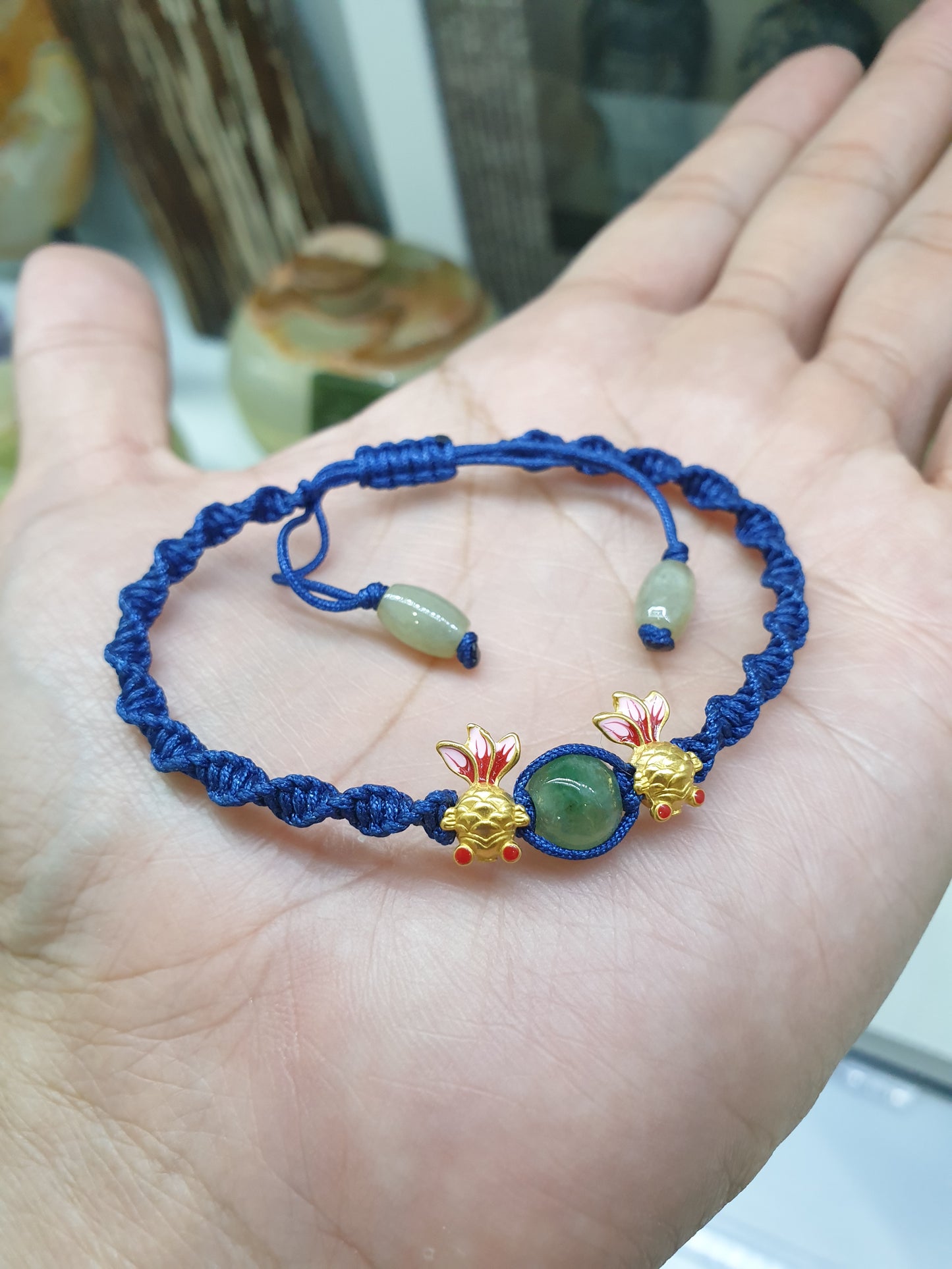 Jade & Fish Woven Bracelet (Adjustable) | Pure 24K Gold | Fei Cui - Type A Jadeite