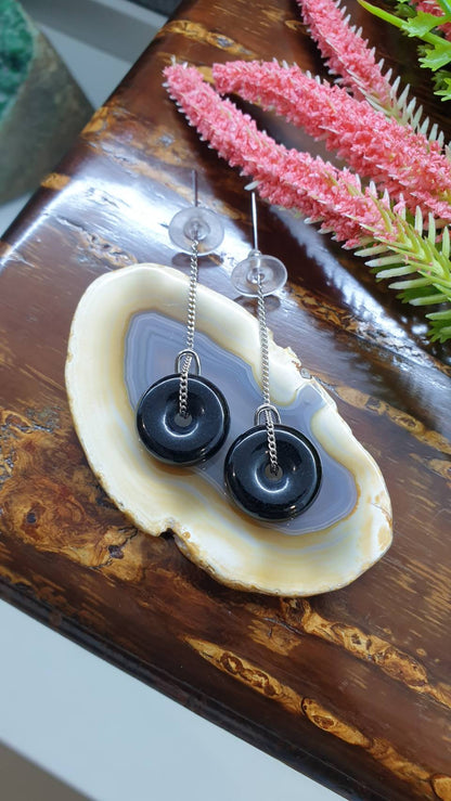 Ping An Kou Jade Sterling Silver Threader Earrings (40mm) Type A Natural Black Jadeite