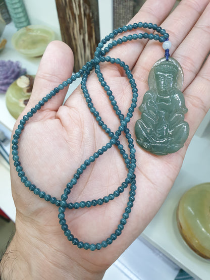 Jade Guan Yin on Blue Jade beaded Necklace (24") | Fei Cui Type A Jadeite | His or Hers Fortune Necklace