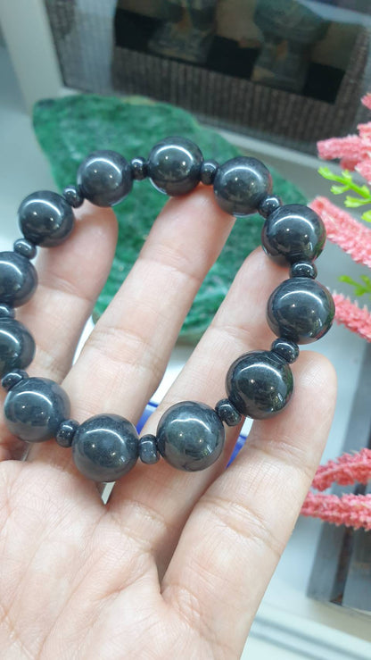 Black Jade Bracelet 17cm Spaced Beads Type A Natural Myanmar Jadeite