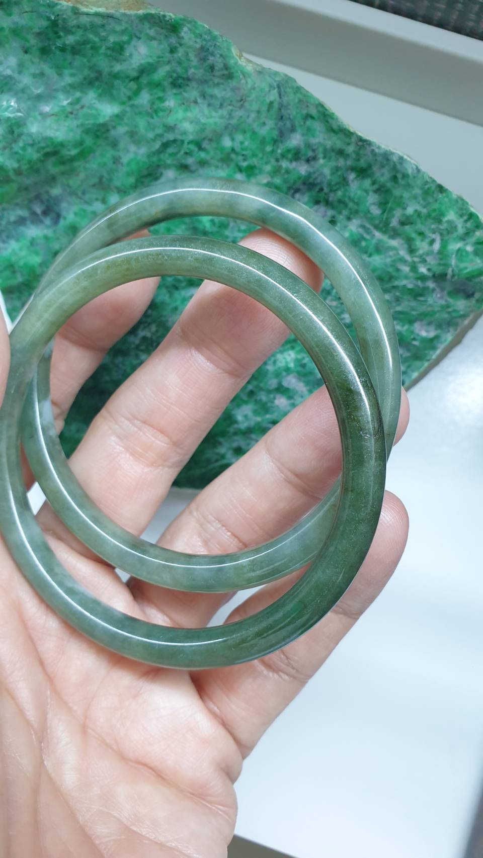 Paired Cylindrical Jade Bangles S58.5 Type A Marbled Green Myanmar Jadeite