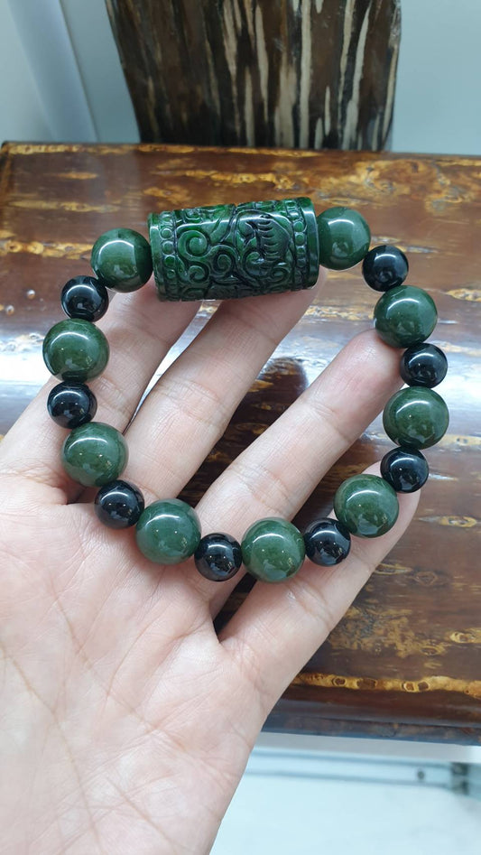 Jade Bracelet 18.5cm Vintage Ru Yi Cylinder Charm Type A Natural Jadeite