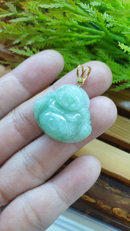 14K Solid Gold Jade Budai Prosperity Pendant Type A Natural Soft Green Jadeite